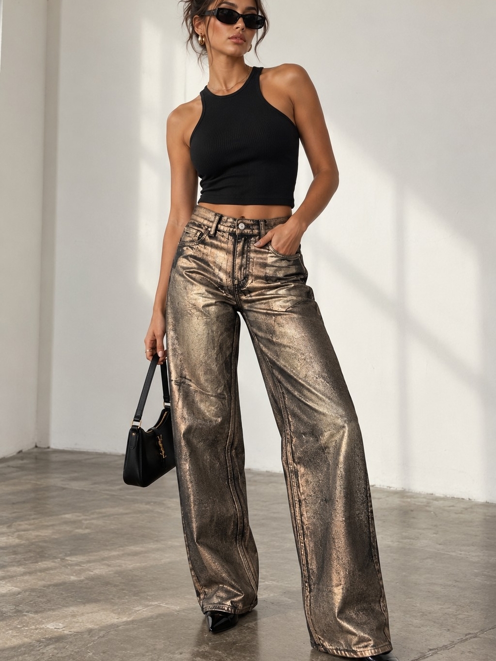 GB Gianni Bini Metallic Coated Jeans Women’s Size 5 Bronze Gold Wide Leg NWT